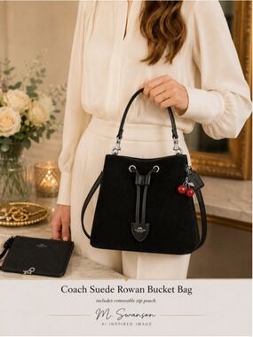 NEW Coach Rowan Bucket Bag Black Suede w/ Removable Zip Pouch CCZ89 NWT